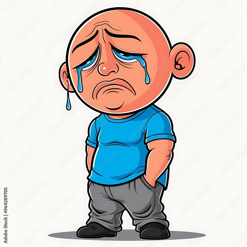 Sad cartoon character with large head, tearful eyes, downturned mouth, slouched shoulders, wearing a blue shirt, gray pants, unhappy expression. Sad cartoon character with large head, tearful eyes, downturned mouth, slouched shoulders, wearing a blue shirt, gray pants, unhappy expression.