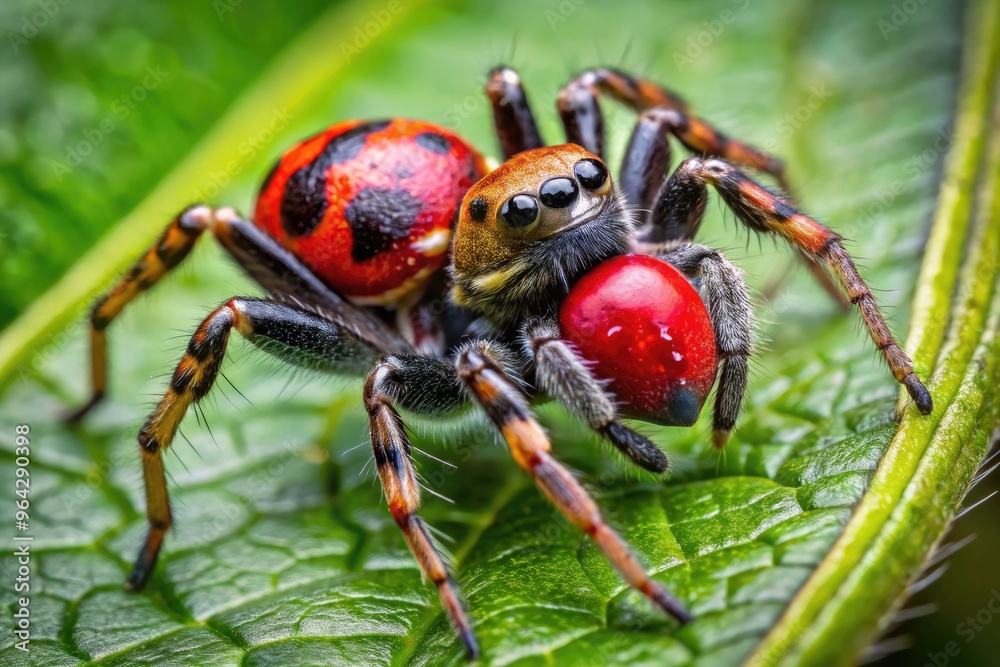Fototapeta premium Striking Red And Black Spider With Distinctive Ladybird-Shaped Abdomen Perched On Leaf