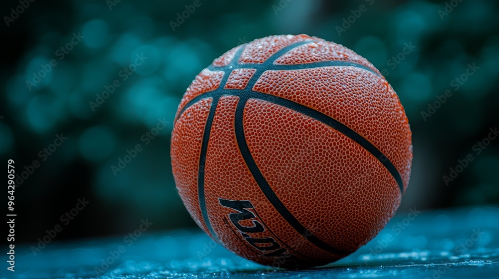 A close-up of a basketball resting on a surface with a blurred green background in soft evening light A close-up of a basketball resting on a surface with a blurred green background in soft evening light