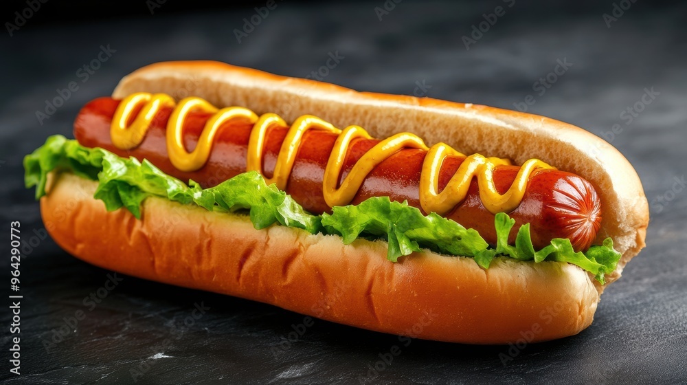 A hot dog with mustard and lettuce on a black table, AI A hot dog with mustard and lettuce on a black table, AI