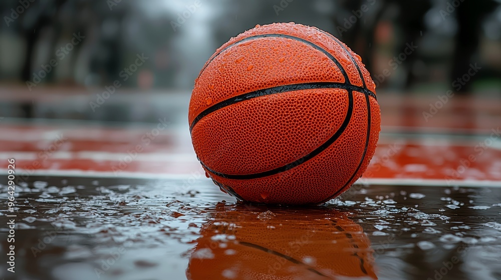 A basketball sits on a rainy court, reflecting the wet surroundings under overcast skies A basketball sits on a rainy court, reflecting the wet surroundings under overcast skies