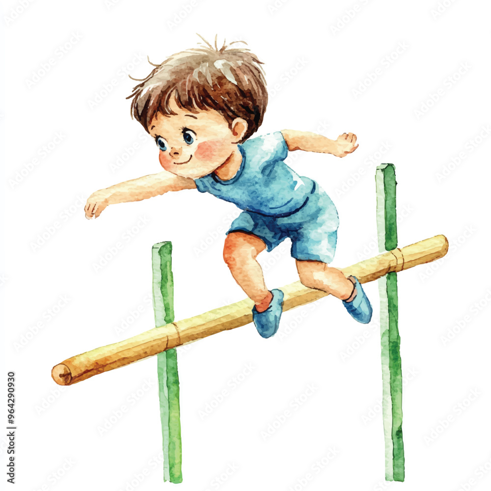 Φωτογραφία cute kid playing pole vault watercolor clipart