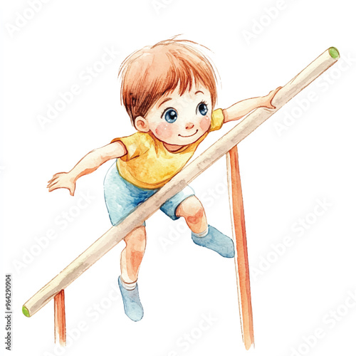 cute kid playing pole vault watercolor clipart