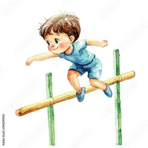 cute kid playing pole vault watercolor clipart