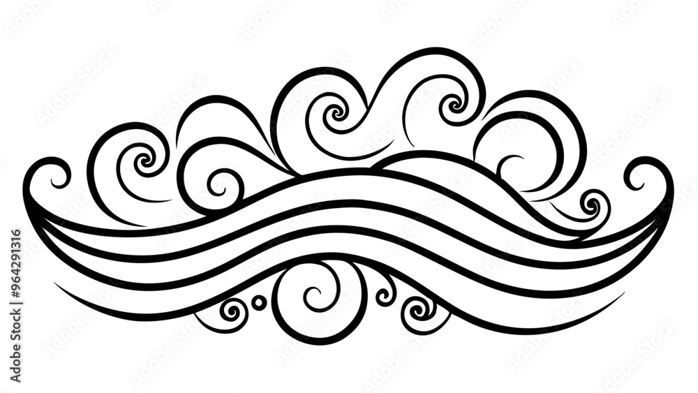 Fototapeta premium Stylized waves and swirls in black line art design 