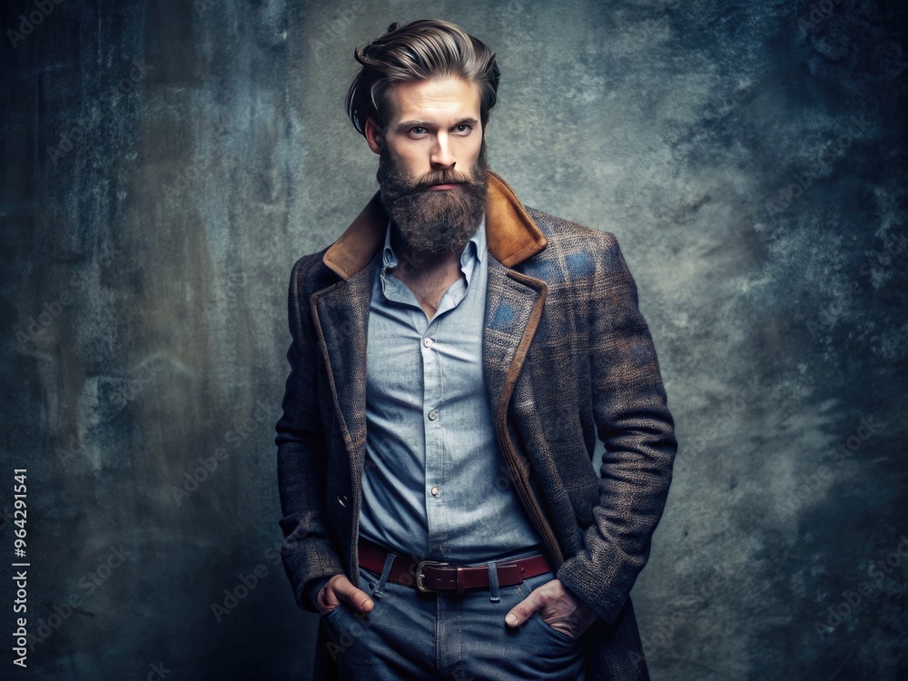 Stylish Male With Beard And Trendy Clothing Poses Confidently, Showcasing A Mix Of Ruggedness And Modern Flair. Stylish Male With Beard And Trendy Clothing Poses Confidently, Showcasing A Mix Of Ruggedness And Modern Flair.