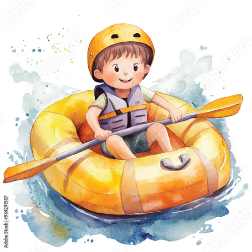 cute kid playing rafting race watercolor clipart