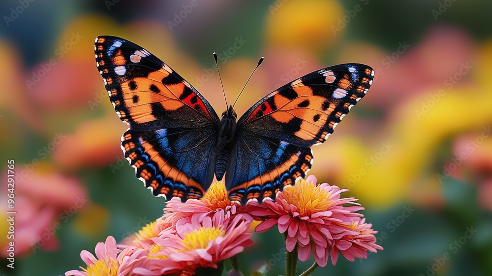 A vibrant butterfly rests on pink flowers in a colorful garden during summer, showcasing beautiful wings and natural beauty A vibrant butterfly rests on pink flowers in a colorful garden during summer, showcasing beautiful wings and natural beauty
