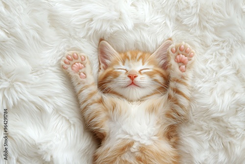 Adorable Orange Kitten Blissfully Napping on Soft White Fur photo