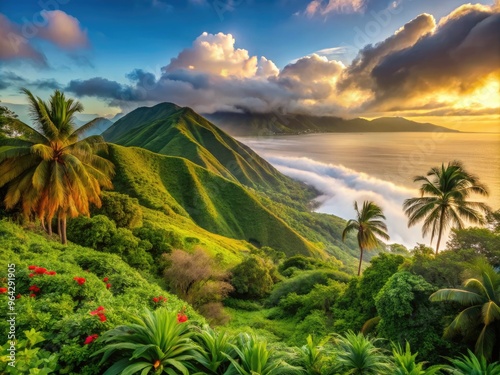 Sun-kissed verdant slopes of Lahaina Lua'u Mountain on Maui, Hawaii, featuring lush tropical vegetation, misty fog, and serene ocean views at dawn.
