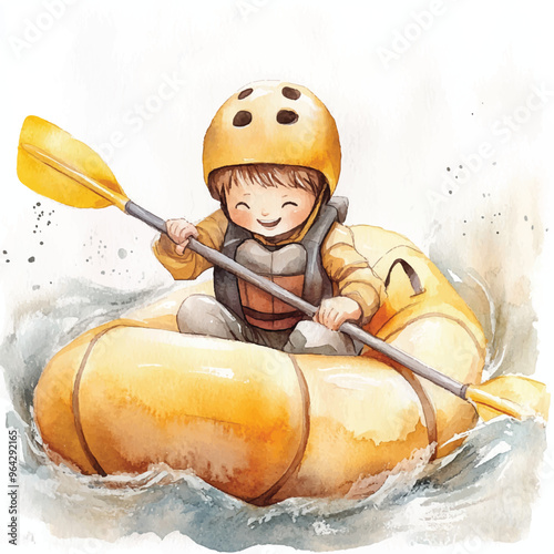 cute kid playing rafting race watercolor clipart