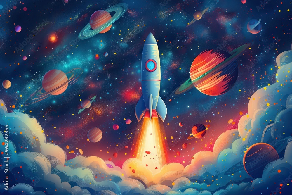 A vibrant rocket blasting off into a colorful galaxy filled with planets, stars, and clouds. Perfect for space-themed projects. A vibrant rocket blasting off into a colorful galaxy filled with planets, stars, and clouds. Perfect for space-themed projects.