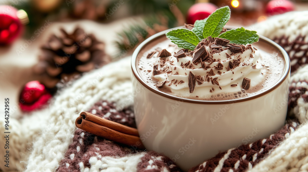 Rich, creamy hot chocolate topped with whipped cream and chocolate shavings, served with a cinnamon stick and mint, on a cozy knitted scarf with festive holiday decorations Rich, creamy hot chocolate topped with whipped cream and chocolate shavings, served with a cinnamon stick and mint, on a cozy knitted scarf with festive holiday decorations