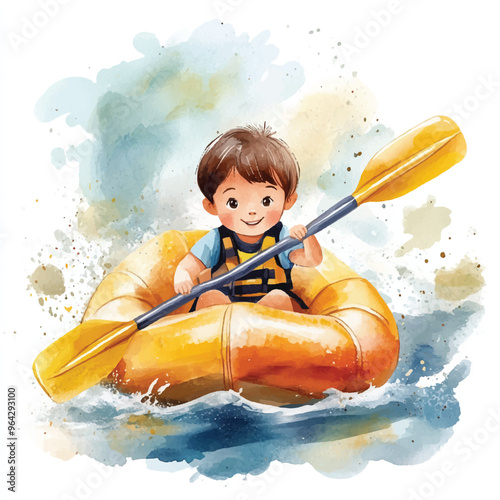 cute kid playing rafting race watercolor clipart