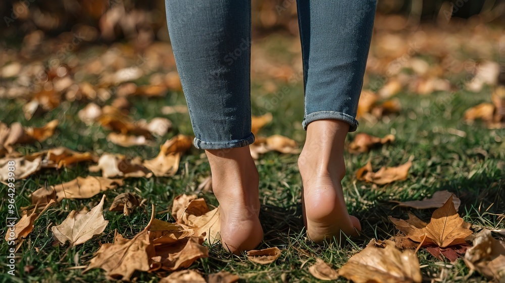 barefoot womens heel walking down the grass, dry autumn leaves barefoot womens heel walking down the grass, dry autumn leaves