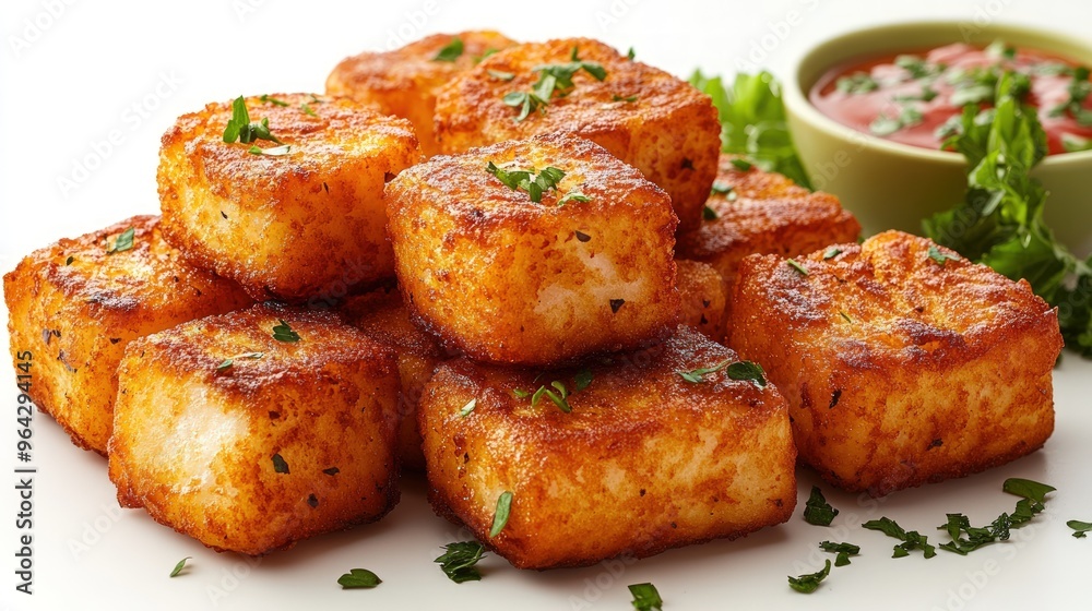 Crispy fried potato cubes with tomato sauce and parsley garnish. Crispy fried potato cubes with tomato sauce and parsley garnish.