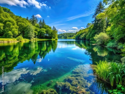 Tranquil Natural Background Featuring A Serene Body Of Water Surrounded By Lush Greenery And A Clear Blue Sky