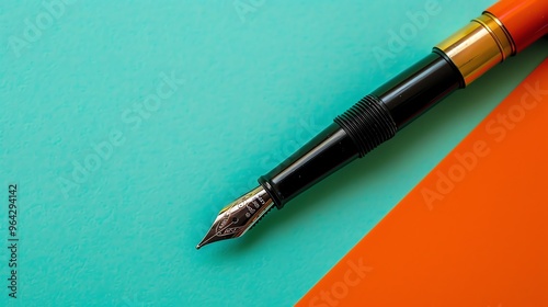 A fountain pen on a blue and orange background.