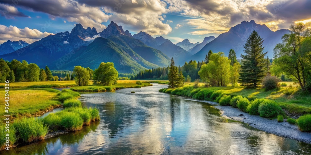 Tranquil River Flowing Through A Green Landscape With Trees And Mountains In The Distance