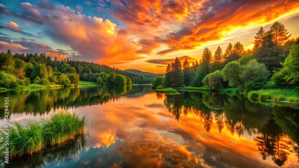 Obraz premium Tranquil Scene Featuring A Serene Lake With Lush Green Surroundings, Reflecting The Vibrant Orange Hues Of A Fiery Sunset