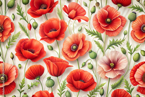 Wallpaper Mural Red poppy flowers pattern on a light background with green leaves and stems
 Torontodigital.ca