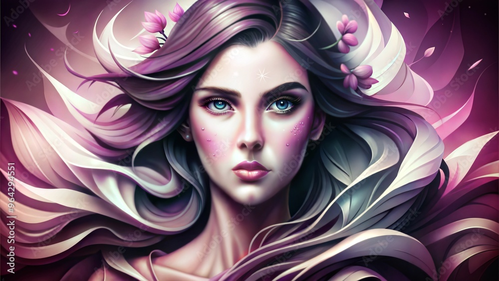 Gorgeous portrait of a woman with flowing hair adorned with flowers in a vibrant background Gorgeous portrait of a woman with flowing hair adorned with flowers in a vibrant background
