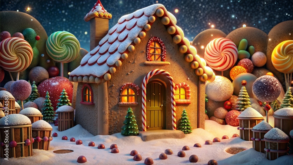Naklejka premium Festive gingerbread house with colorful candy decorations against starry background