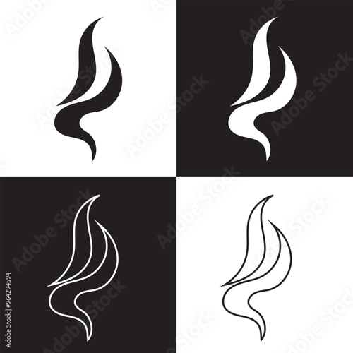 Smoke steam icon vector logo set. Smoke smell, steam aroma heat icon illustration.Hot vapor fire doodle line logo. Hit stink, coffee, fragrance flame elements. isolated on black and white background. 