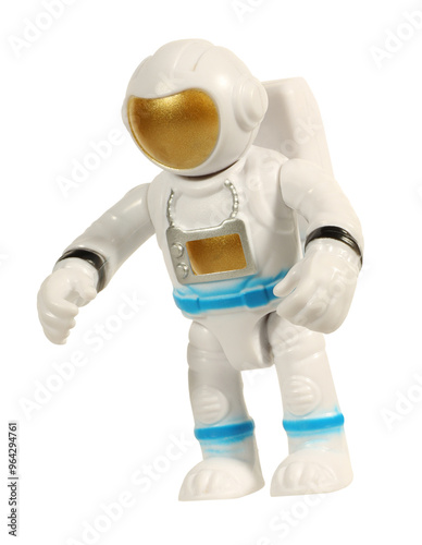 Astronaut plastic toy space decoration isolated on white background. Cosmic toy concept.