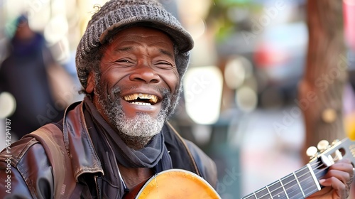 A man with grey hair and beard plays an acoustic guitar while smiling.