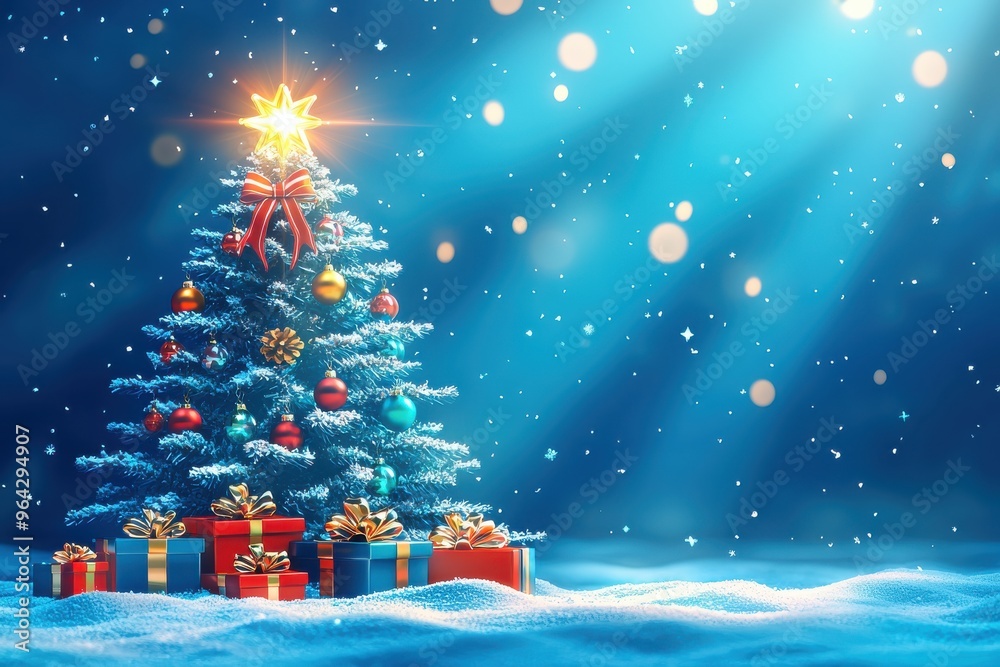 Magical Christmas tree with colorful lights and presents in winter landscape Magical Christmas tree with colorful lights and presents in winter landscape