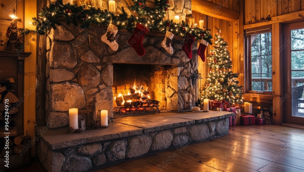 Cozy cabin christmas scene with fireplace and festive decor Cozy cabin christmas scene with fireplace and festive decor