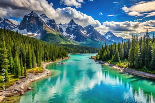 Turquoise waters meet rugged shoreline as snow-capped mountains rise sharply from the misty coastline, surrounded by lush green forests in Canada's pristine wilderness.