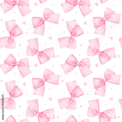 Coquette pink Gingham bow seamless patern vintage Aesthetic watercolor repeat background