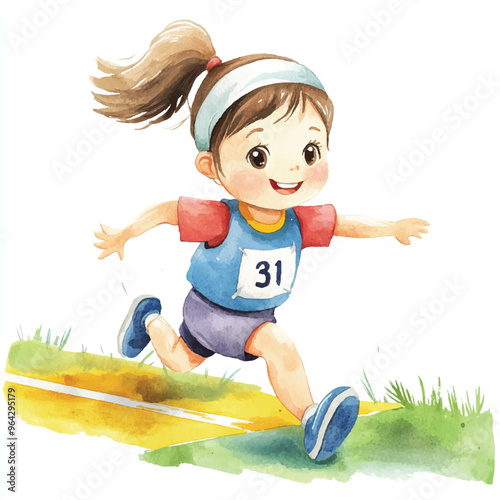 cute kid playing relay race watercolor clipart