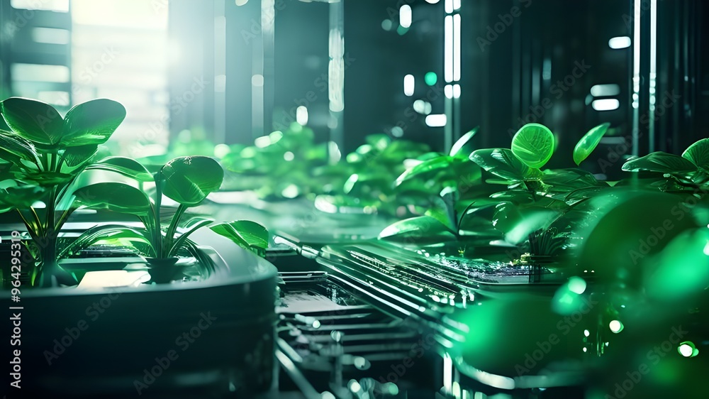 Fototapeta premium Green AI technology with eco-friendly circuits and futuristic environmental innovation. AI generative