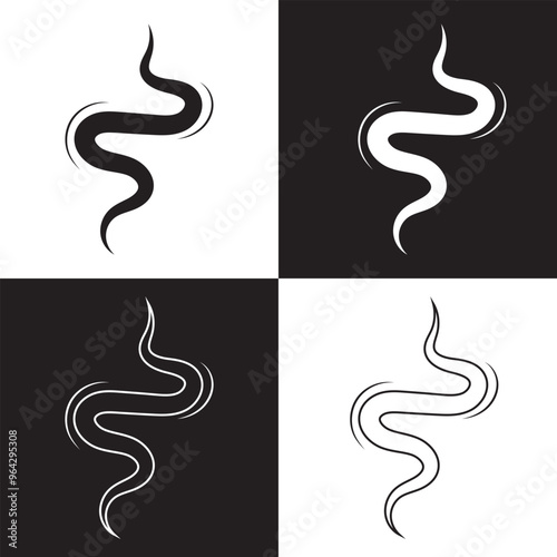 Smoke steam icon vector logo set. Smoke smell, steam aroma heat icon illustration.Hot vapor fire doodle line logo. Hit stink, coffee, fragrance flame elements. isolated on black and white background. 