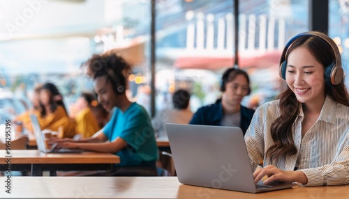 賑わっているカフェでノートパソコンを使ってリモート会議をしているアジア人女性（Asian woman having a remote meeting on a laptop in a busy cafe）
