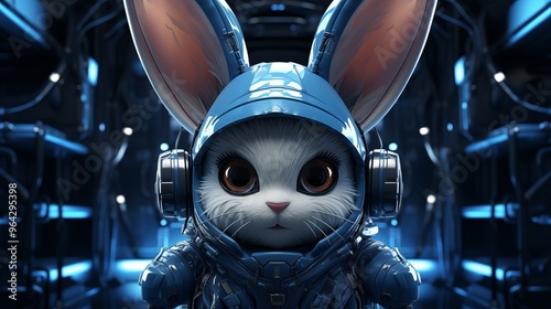 futuristic illustration of rabbit character with earphones in neon blue color looking at camera and listening to favorite against black background
