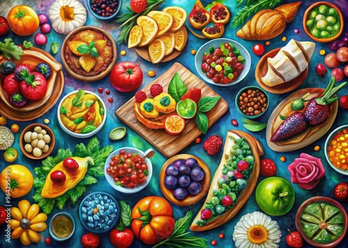 Vibrant And Appetizing Artwork Featuring A Delectable Spread Of Food Items Rendered In Bold Brushstrokes And Sumptuous Colors.