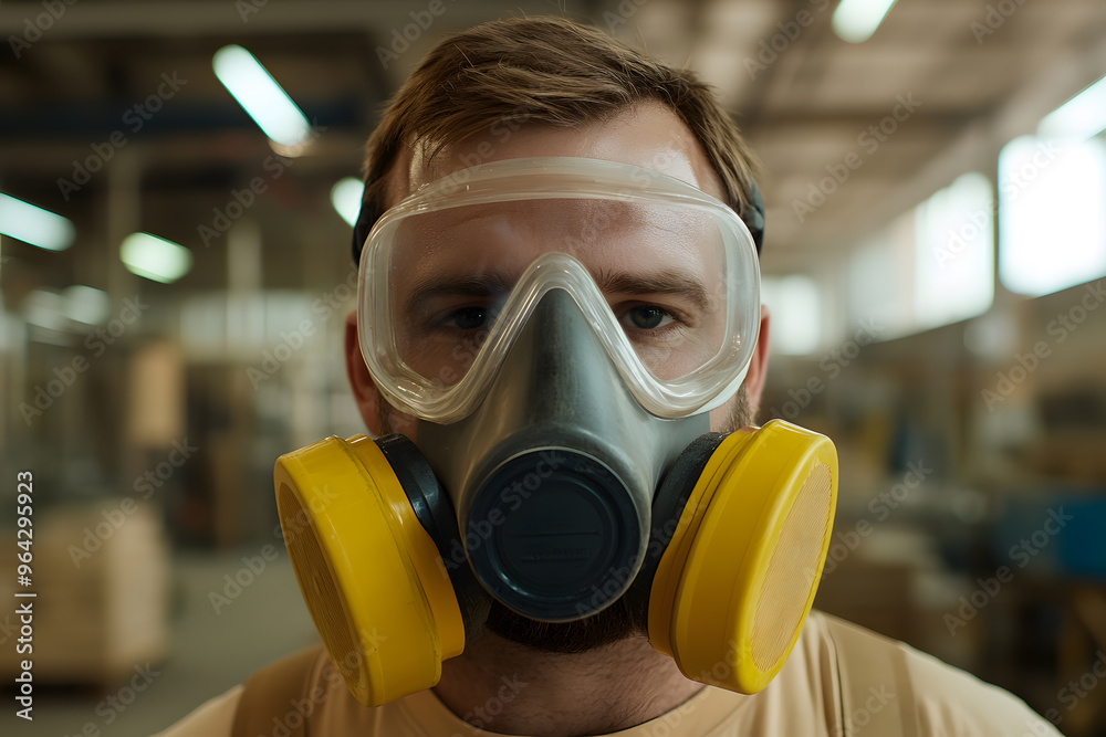 Worker Wearing a Gas Mask in a Factory | Industrial Safety and Hazardous Environment Protection