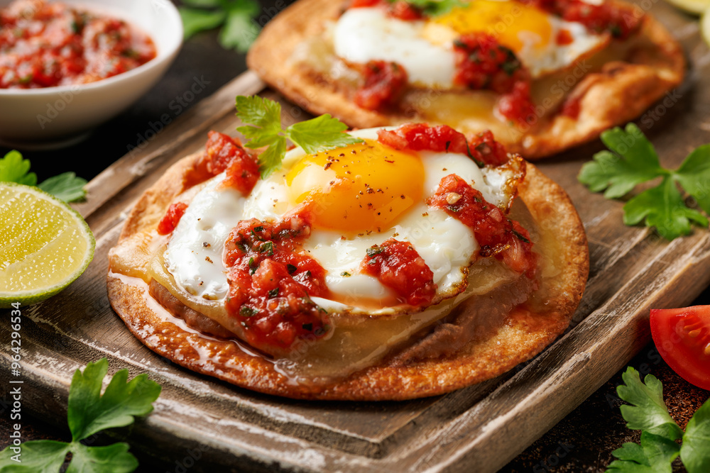 Huevos Rancheros tostadas with fried egg, tomato salsa, bean paste and cheese on wooden board Huevos Rancheros tostadas with fried egg, tomato salsa, bean paste and cheese on wooden board