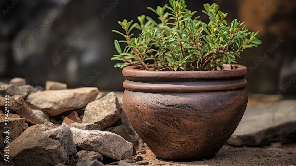 Sophisticated simplicity: a handcrafted ceramic pot containing a green houseplant whose leaves stand out against the dark background for an artistic look. Sophisticated simplicity: a handcrafted ceramic pot containing a green houseplant whose leaves stand out against the dark background for an artistic look.