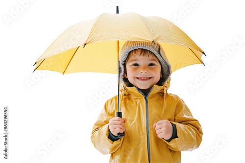 Entusiastic kid wearing yellow rainjacket and umbrella on transparent background