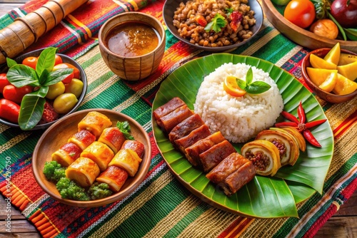 Vibrant arrangement of traditional Filipino dishes, including crispy lechon, steamed rice, fresh fruit, and savory lumpia, set against a colorful blanket on a sunny day. photo