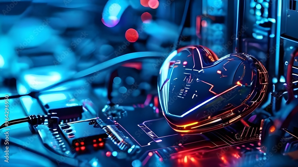 Cybernetic anatomical heart with glowing circuits and AI-driven light trails. AI generative.