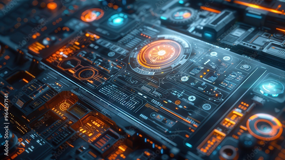 Futuristic circuit board with glowing elements showcasing advanced technology and vibrant colors in a digital design. Futuristic circuit board with glowing elements showcasing advanced technology and vibrant colors in a digital design.