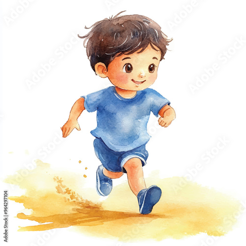 cute kid playing relay race watercolor clipart