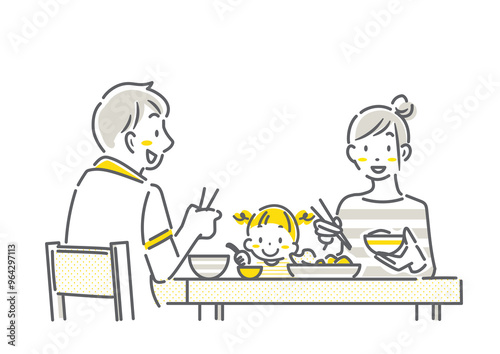 自宅で食事を楽しむ家族　シンプルでお洒落な線画イラスト