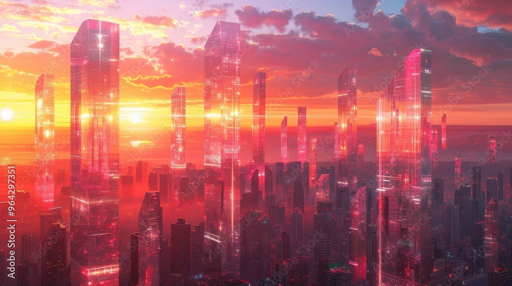 Fototapeta premium Futuristic skyline with glowing skyscrapers under a vibrant sunset, showcasing technology and architectural innovation.